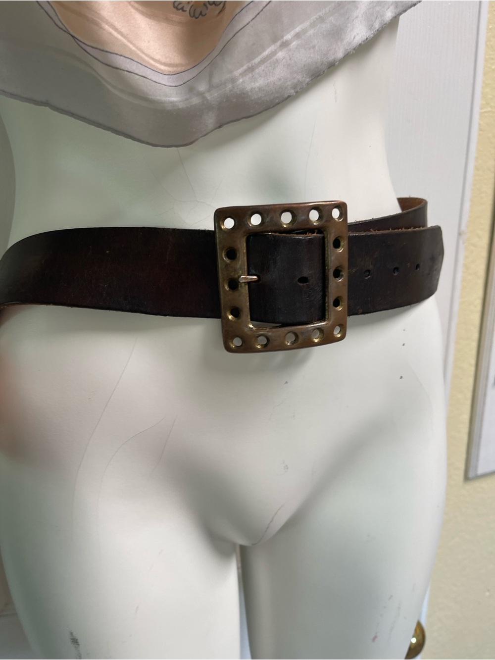 Women's Dark Brown Leather Belt with Brass Studded Buckle